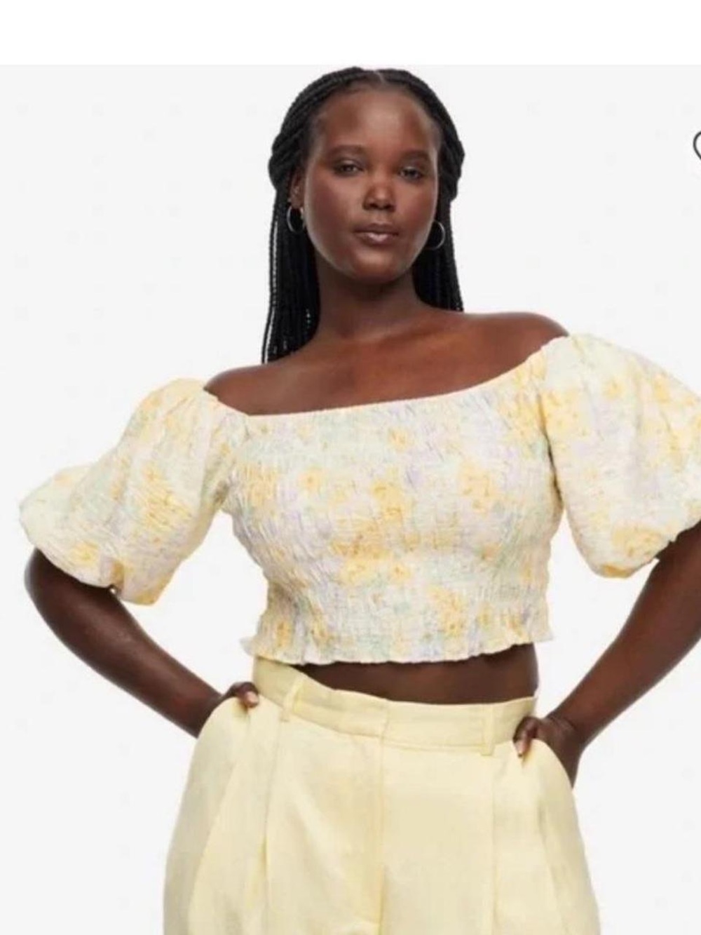 H&M Yellow Floral Off-Shoulder Smocked Crop Top